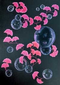 a painting of pink leaves and bubbles on a black background